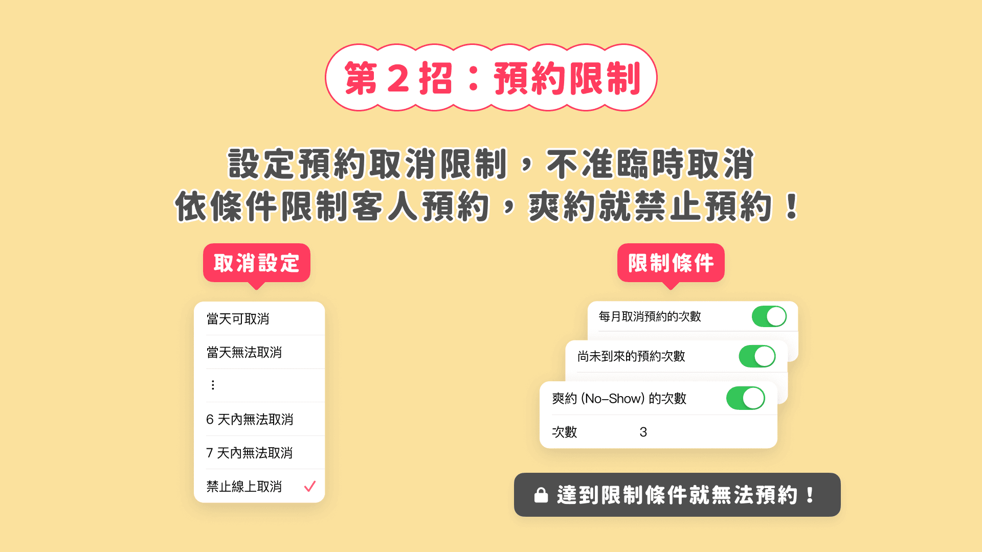 設定預約限制，不准臨時取消！